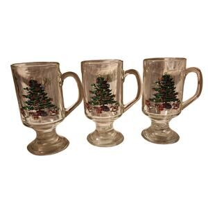 Vintage Noel Luminarc Christmas Tree Set of 3 Footed Clear Glass Mugs
